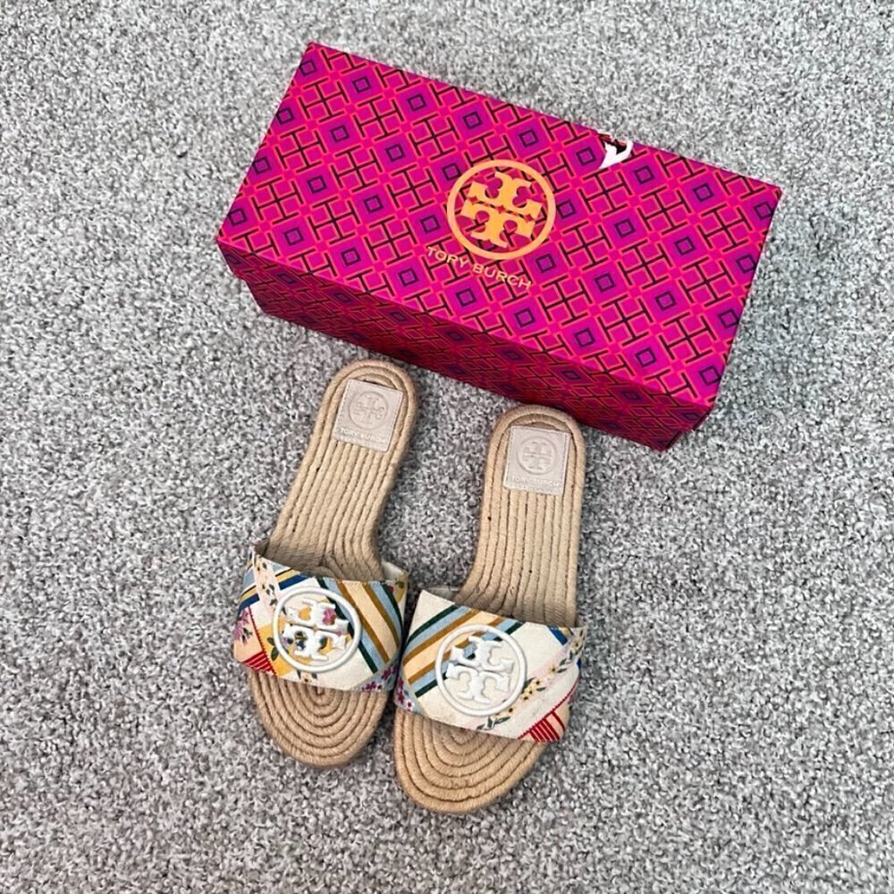 Tory Burch Benton Open Toe Espadrille Slide Sandals In Ribbon Weave US 6.5